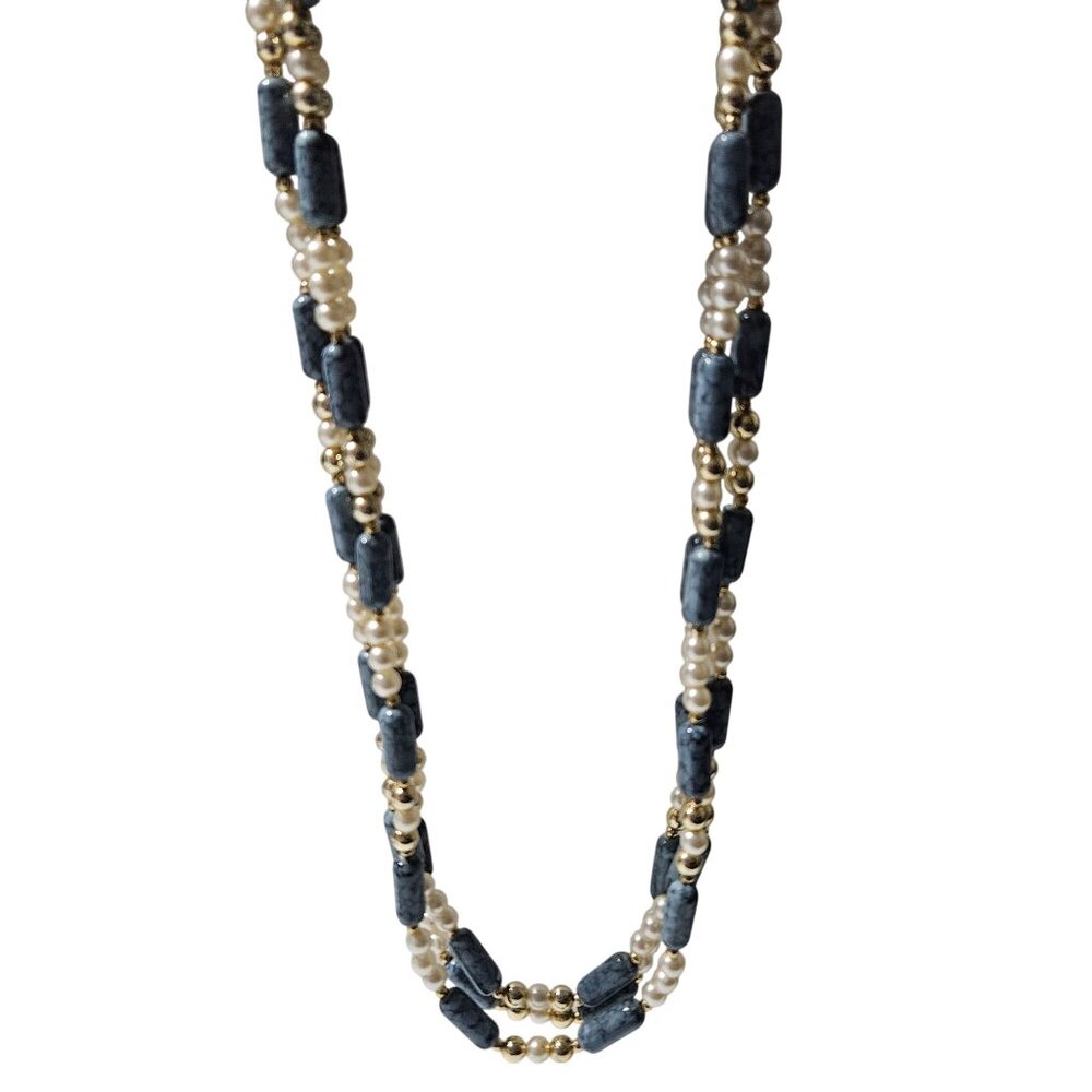 Vintage Elegant Blue Stone Faux Pearl Beaded Necklace Boho Chic Retro Fashion